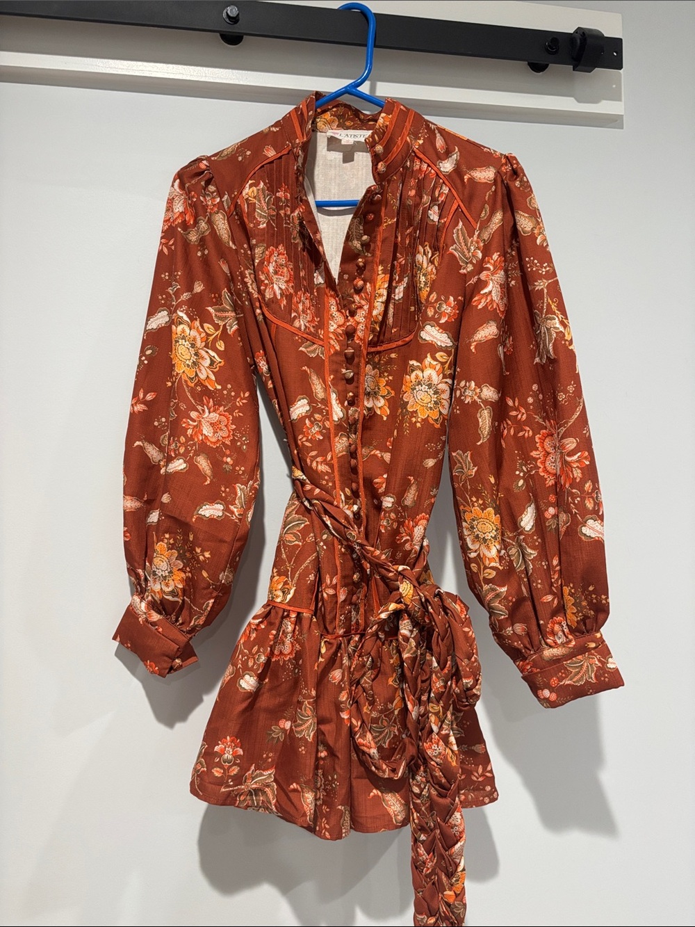L'ATISTE Rust Floral Long-Sleeve Mini Dress with Waist Tie - Picture 1 of 7